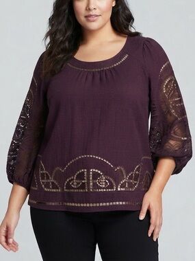 Anthropologie Eyelet Lace Cutout Blouse Balloon Sleeve Purple Size Large